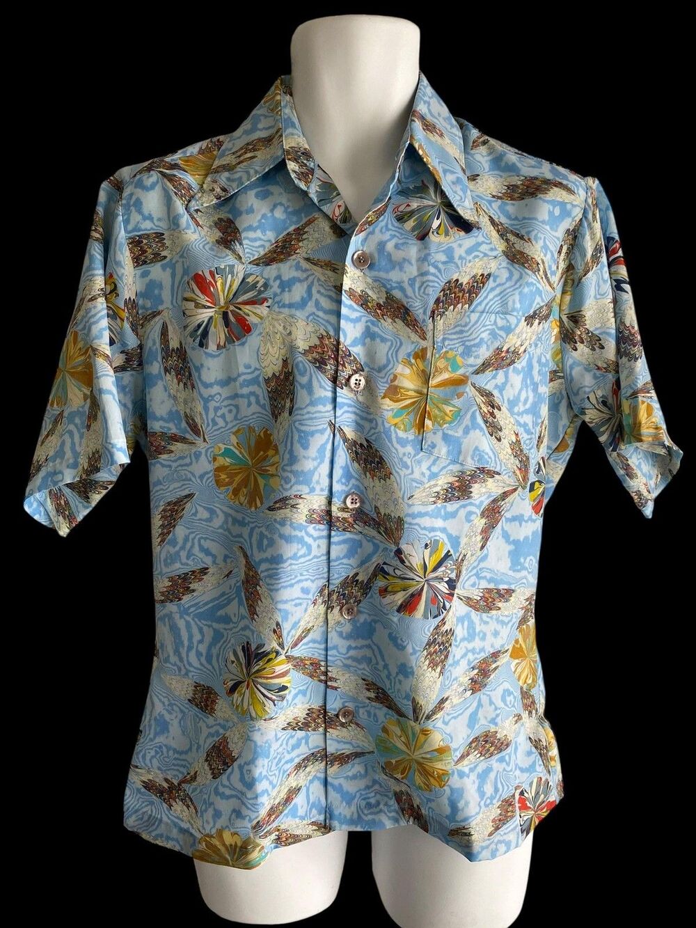 Vintage Spire Shirt Mens Medium Marbled Psychedelic Print Button Front 70s